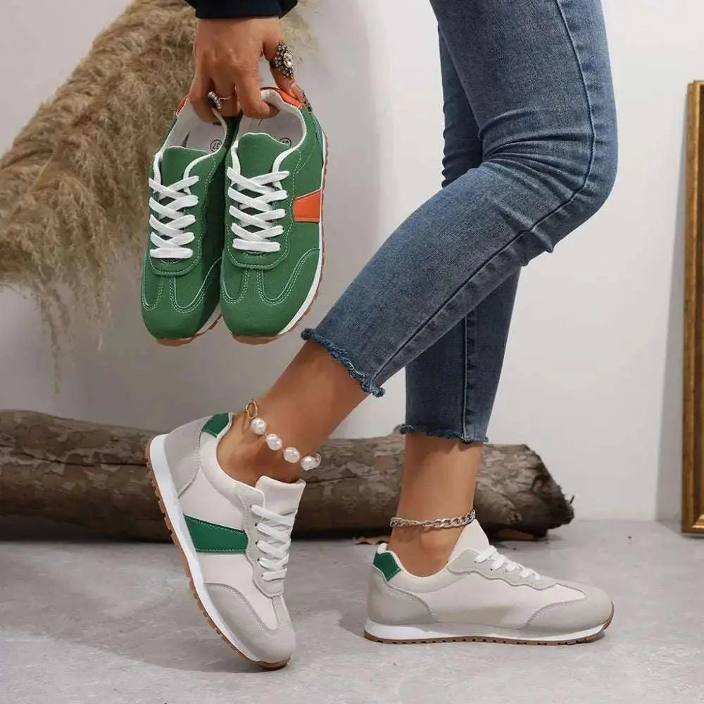 PU leather contrast round toe flats sneakers, casual style.