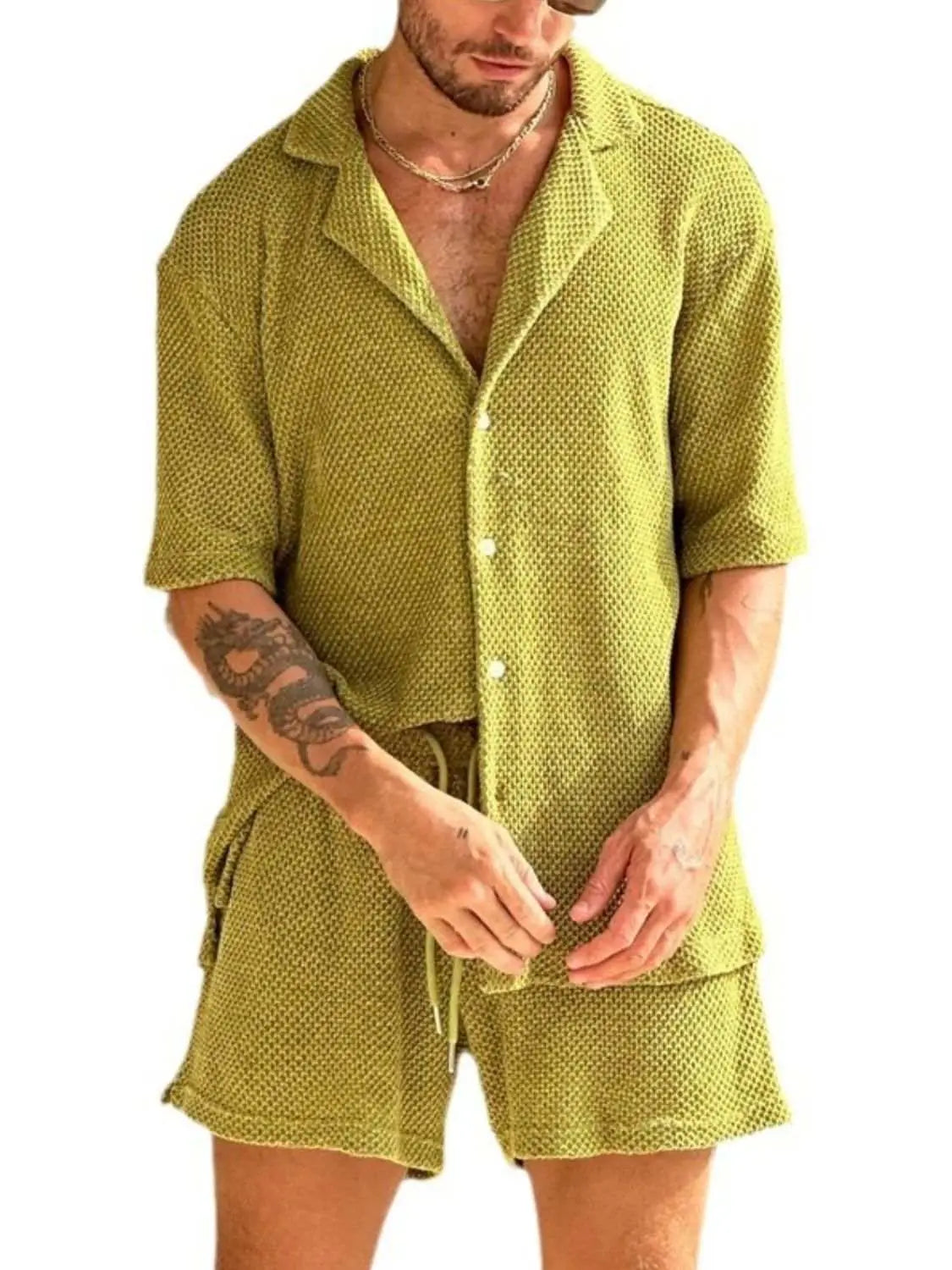 Men's plus size green button-down half sleeve top and shorts set.
