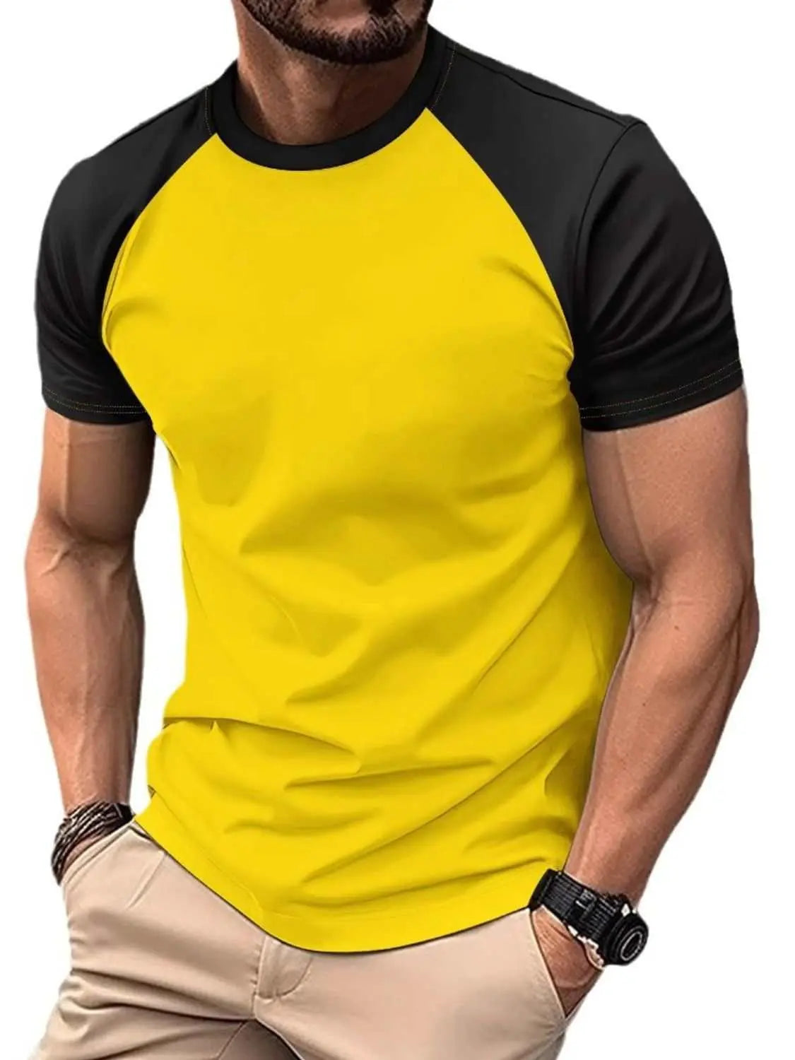 Men's full size round neck contrast t-shirt in yellow and black, slightly stretchy fabric.