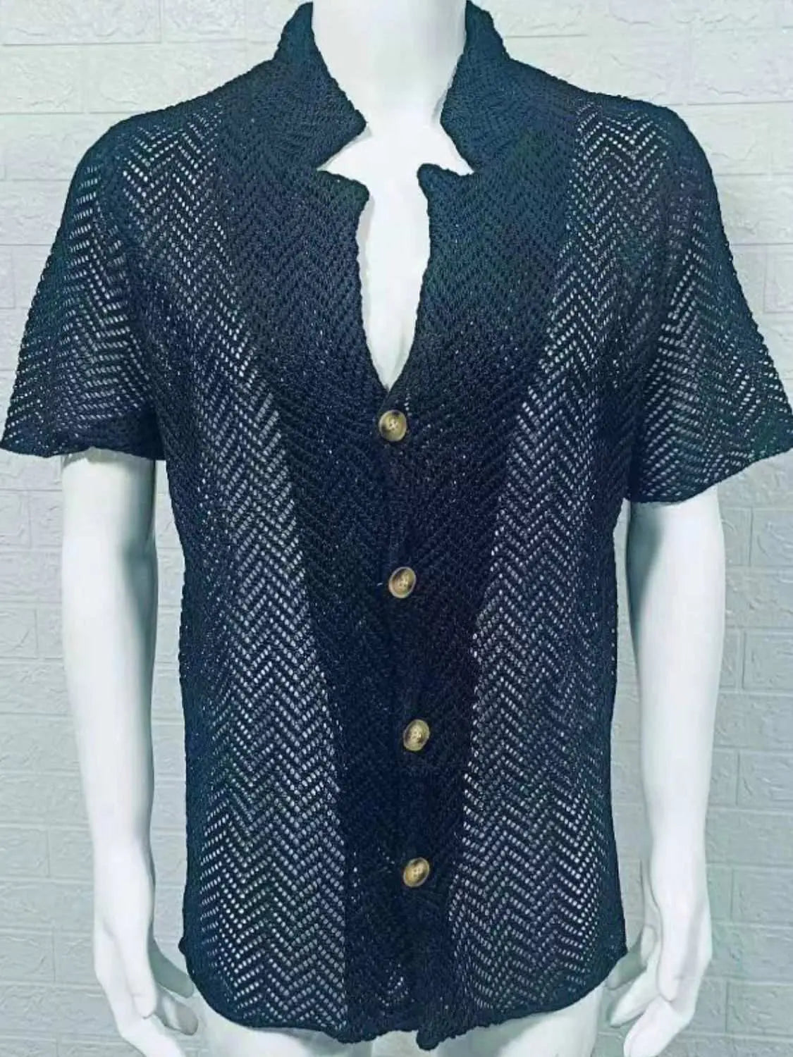 Men's plus size herringbone eyelet button down knit shirt on display mannequin.