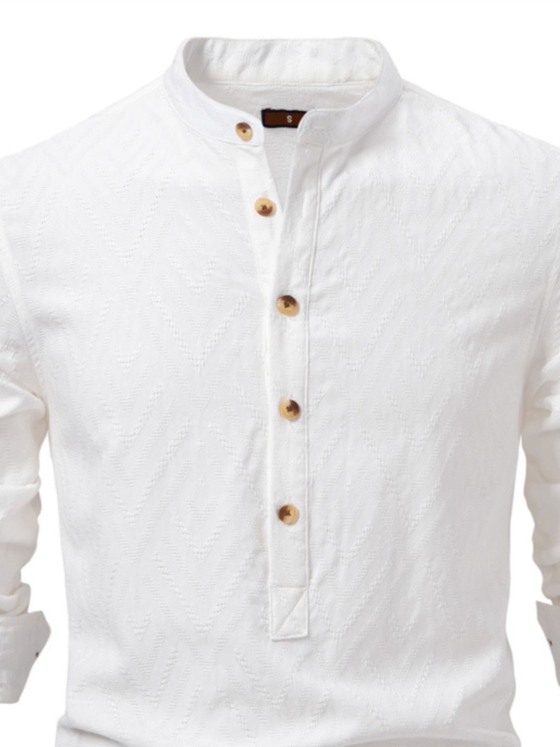 Men's half button geometric texture collared neck shirt in white with button details.