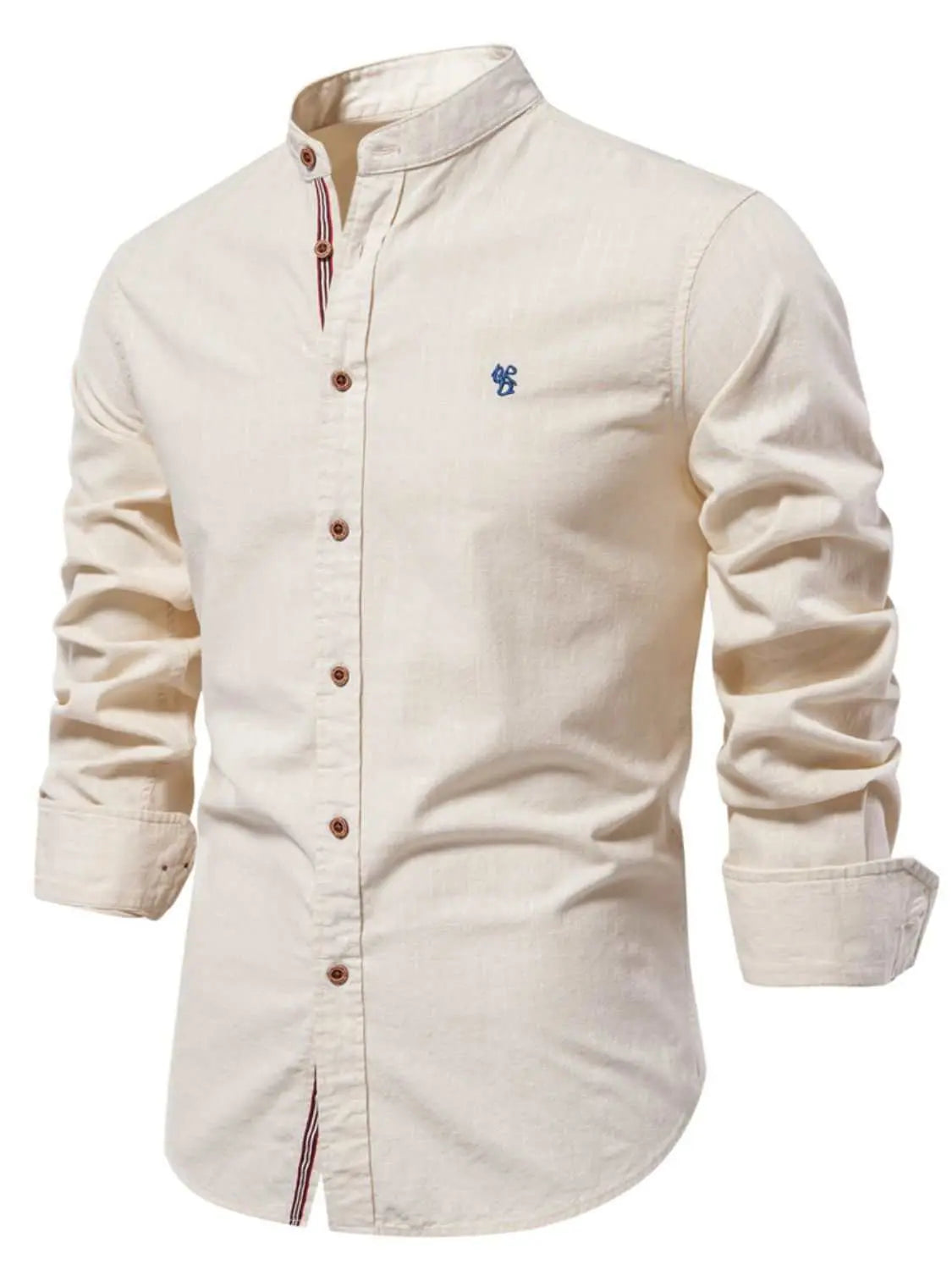 Men's full size button down embroidered shirt in beige, 100% cotton, slightly stretchy.
