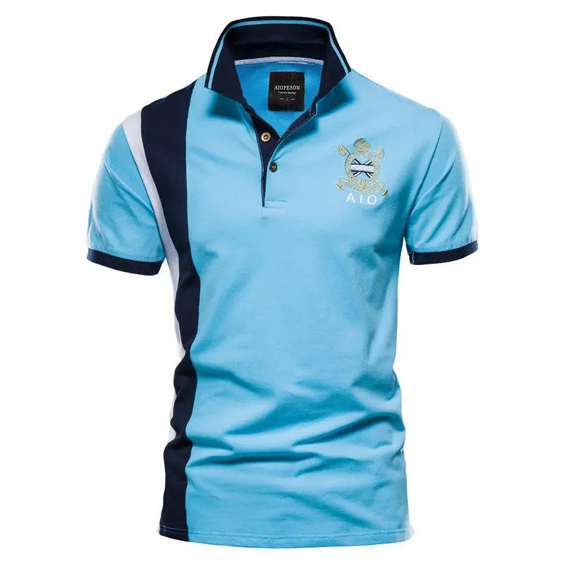 Men's blue embroidered collared neck polo with striped contrast and short sleeves.
