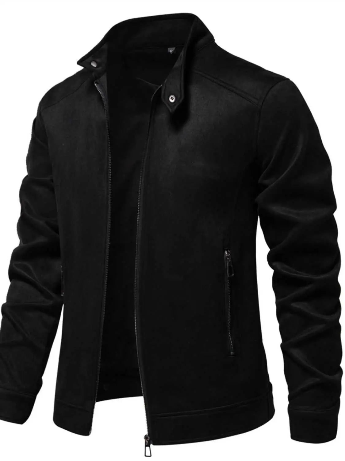 Men's zip up long sleeve biker jacket, 100% polyester, black, basic style.
