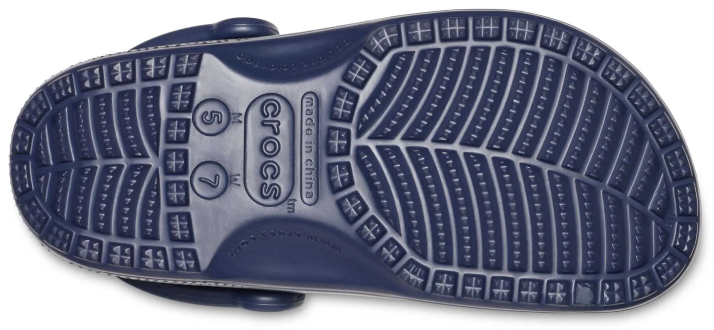 Underside view of Crocs Unisex-Adult Classic Clogs in black displaying tread design.