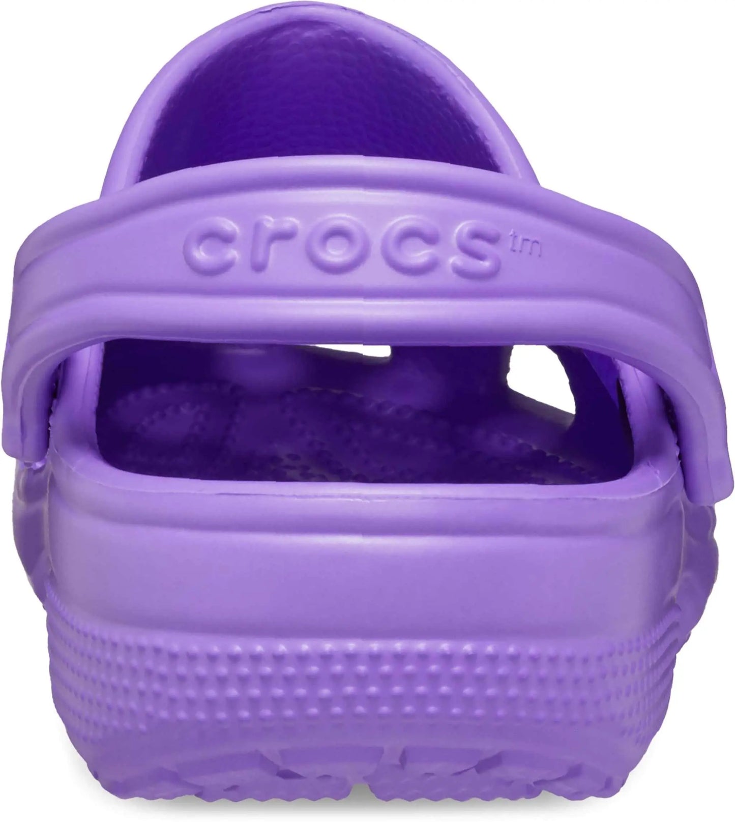 Back view of purple Crocs Unisex-Adult Classic Clogs with adjustable strap.