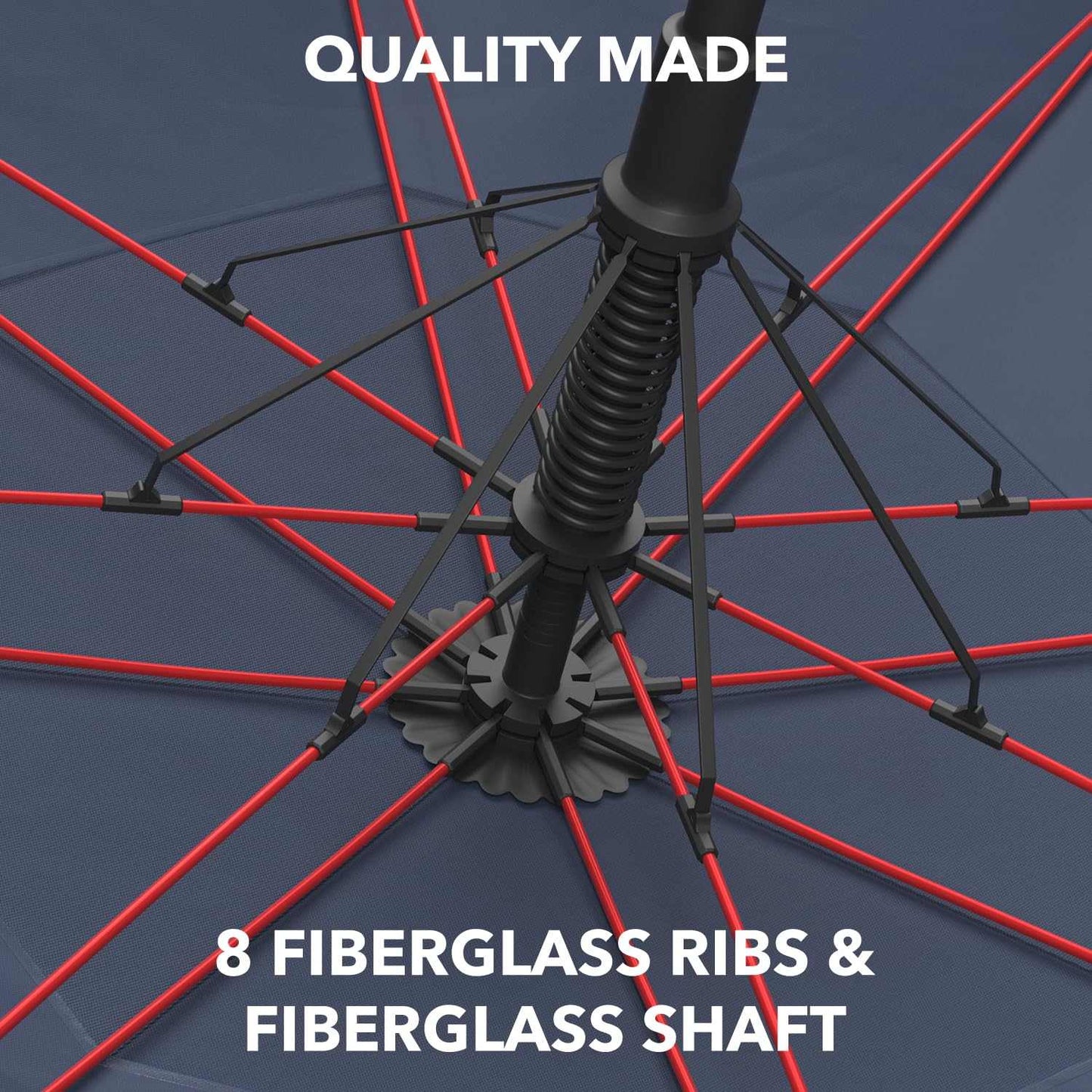 Repel umbrella windproof travel umbrella showing 8 fiberglass ribs and shaft, highlighting quality and durability.
