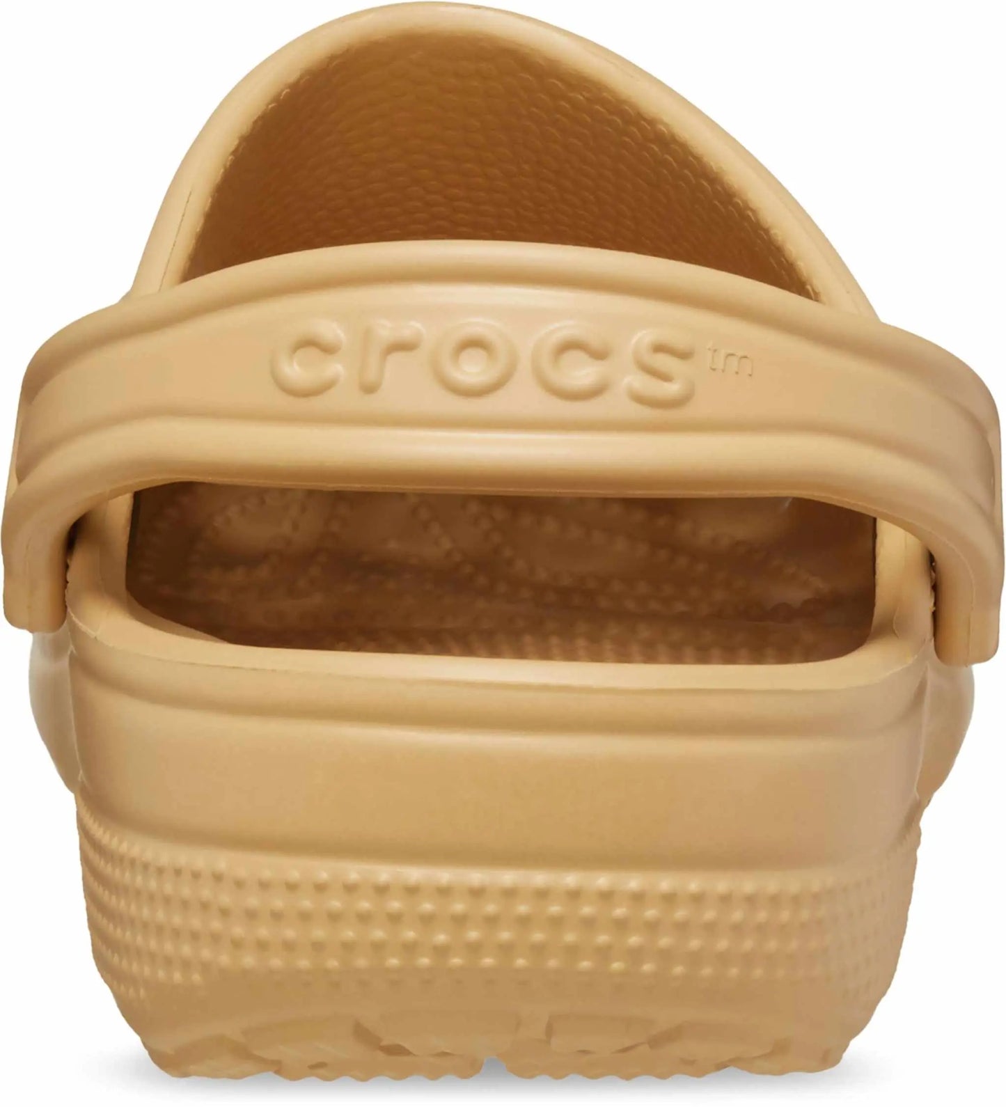 Crocs Unisex-Adult Classic Clogs in beige, rear view with heel strap.