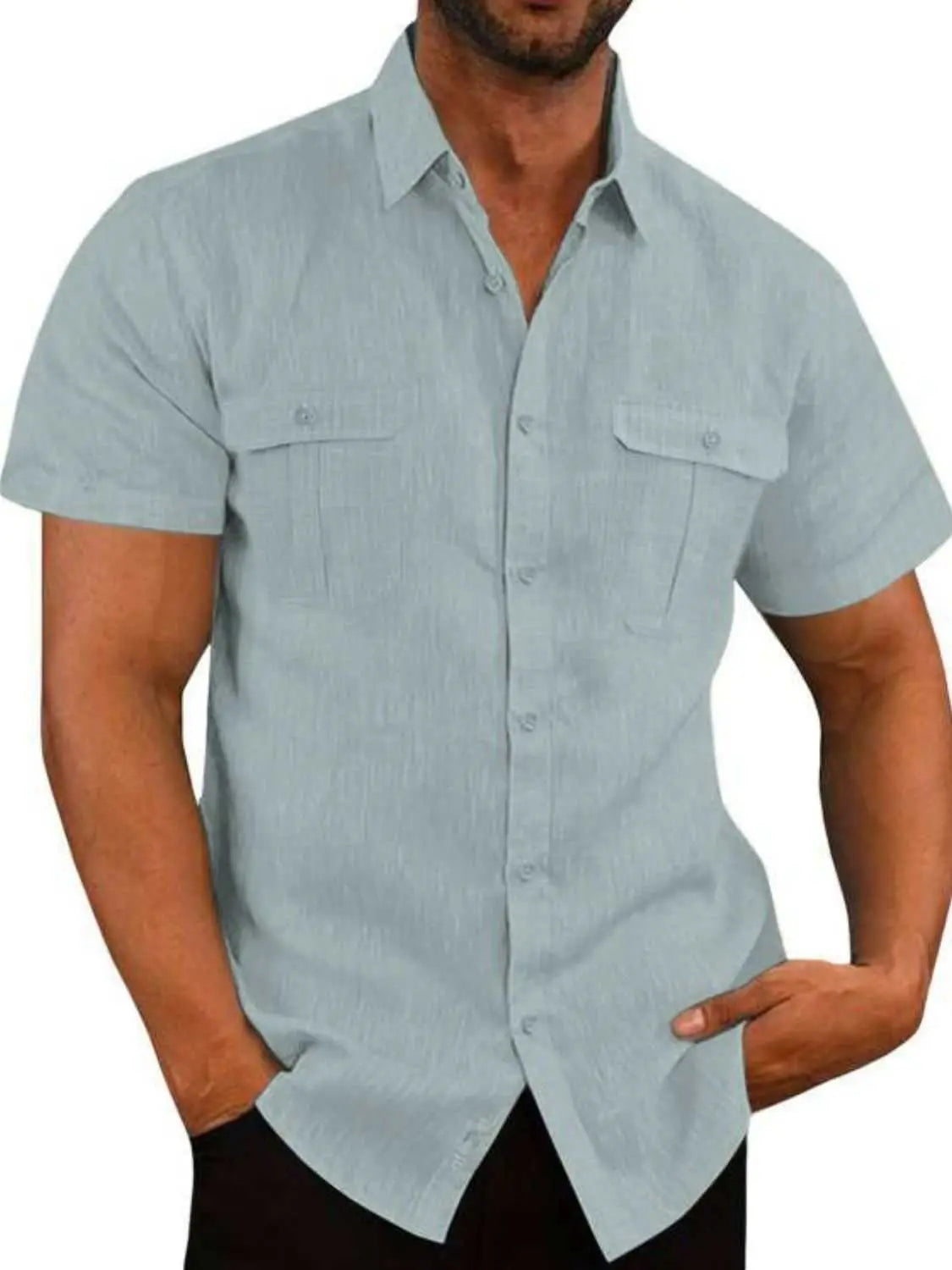 Men's plus size collared neck short sleeve shirt with pockets, buttoned front, flax and cotton blend.