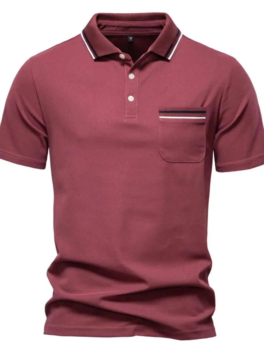 Men's short sleeve collared neck striped polo shirt in maroon, featuring a pocket.