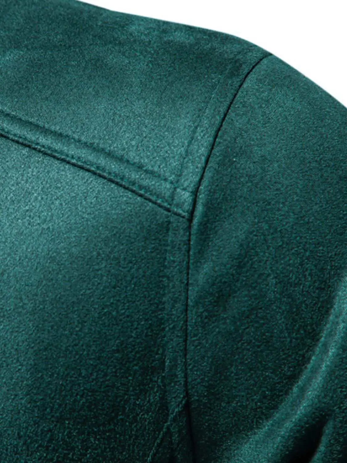 Men's zip up long sleeve biker jacket in green polyester fabric.