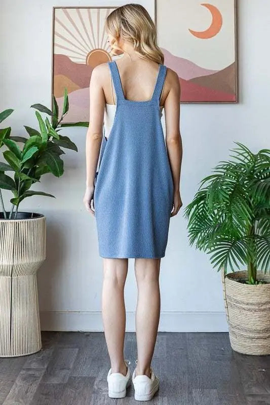 Heimish full size ribbed sleeveless mini tank dress in blue, shown from the back in a casual indoor setting.