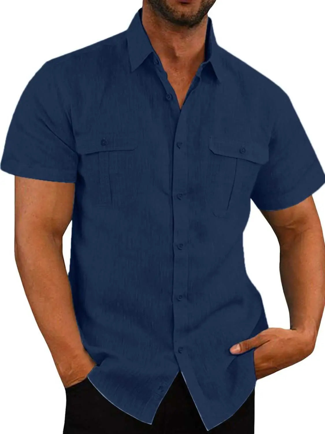 Men's plus size collared short sleeve shirt in blue with pockets and buttons.