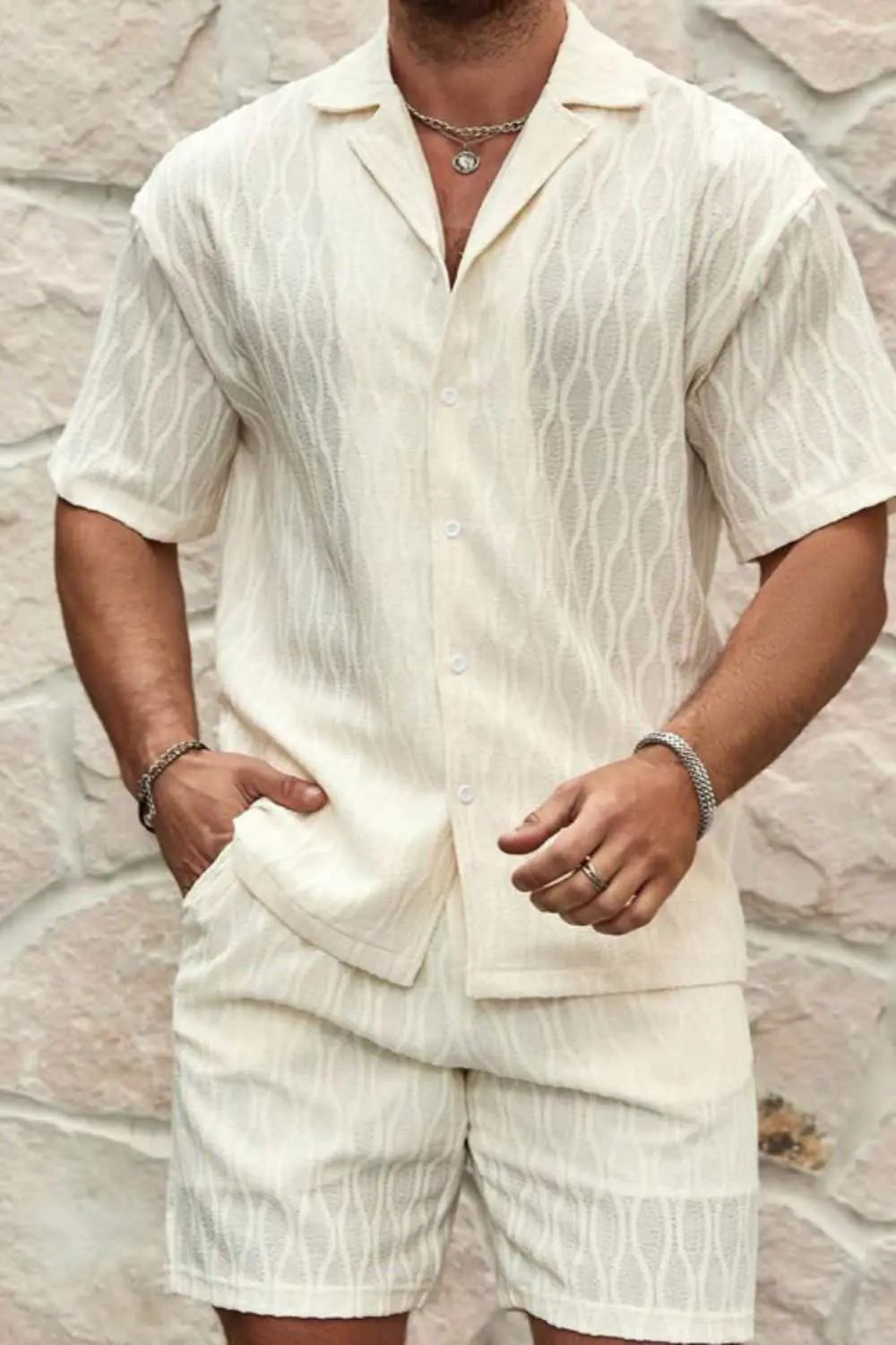 Men's plus size collared neck short sleeve top and shorts set, buttoned and pocketed, slightly stretchy fabric.