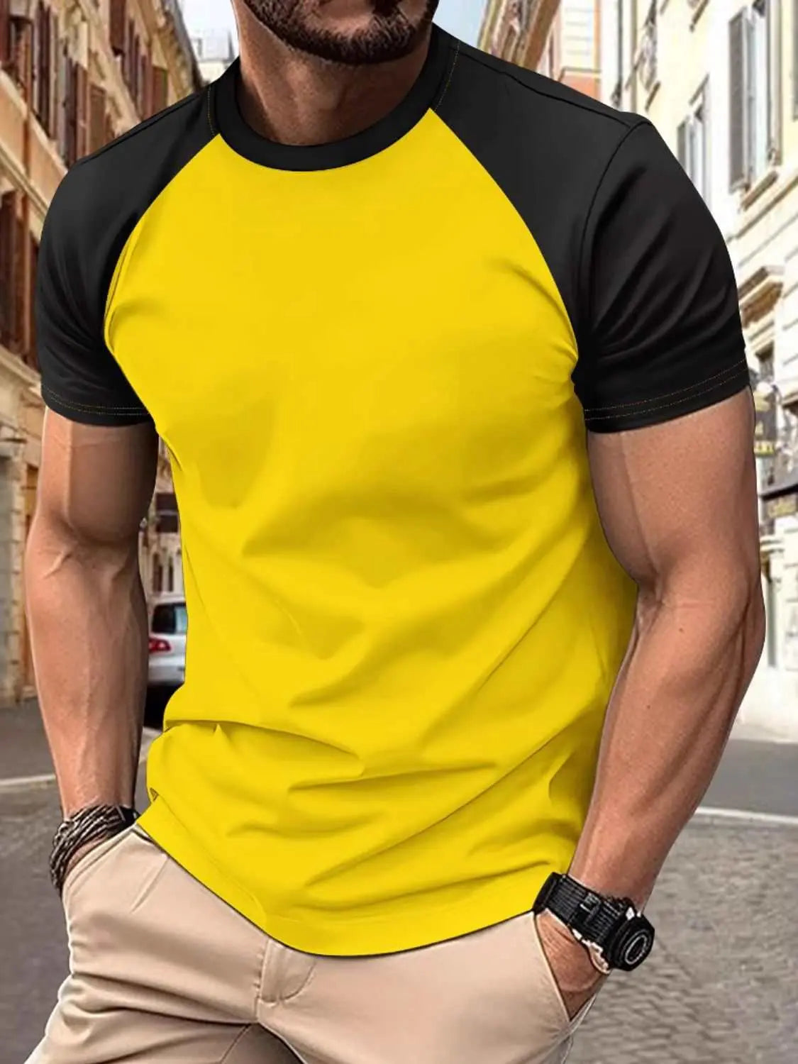 Men's full size round neck contrast t-shirt in yellow and black, slightly stretchy, polyester-cotton blend.