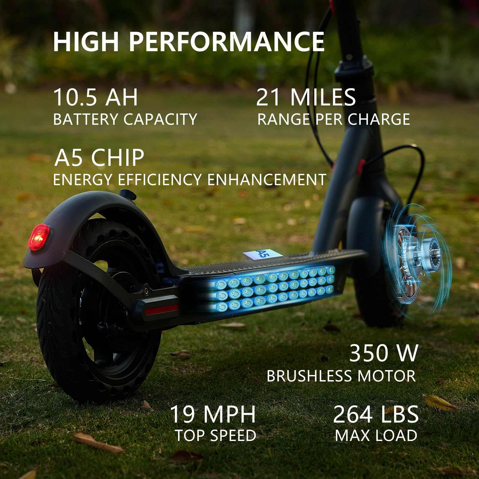 OAKEROO G5.0 Electric Scooter with 21-mile range, 19MPH speed, 350W motor, 264lbs capacity, and solid tires.