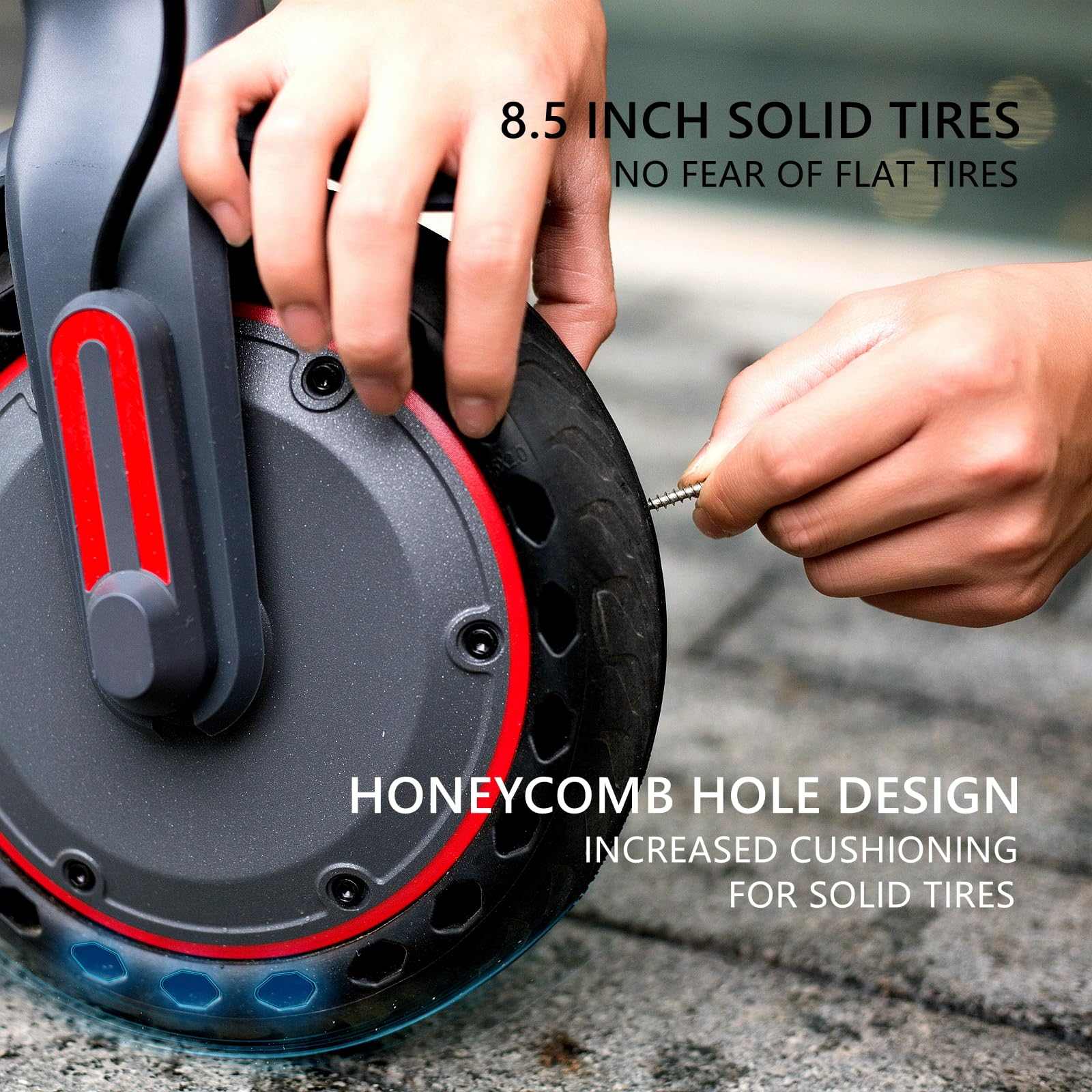 Close-up of OAKEROO G5.0 Electric Scooter, highlighting 8.5-inch solid tires with honeycomb hole design.