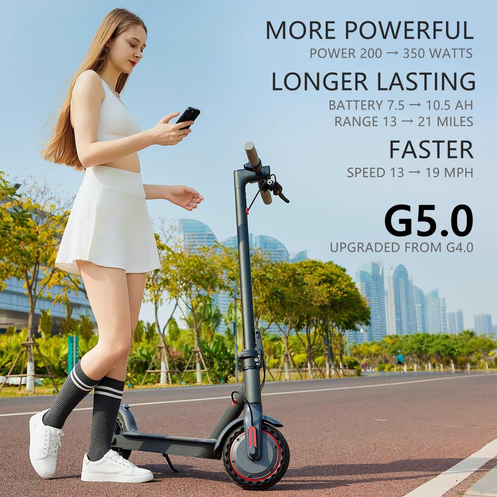 OAKEROO G5.0 Electric Scooter for adults with 21-mile range and 19MPH speed, featuring 350W motor, 8.5" solid tires, dual braking, foldable design, and mobile app integration.