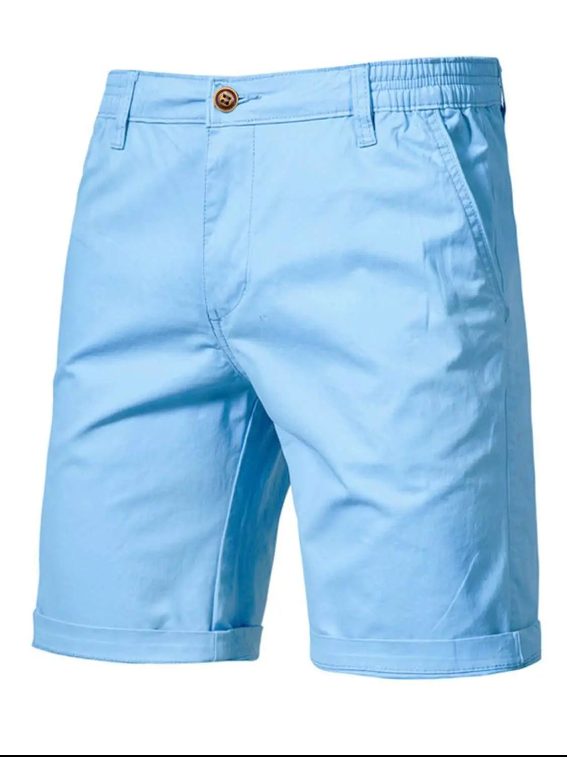 Men's elastic waist shorts in light blue with pockets, 100% cotton.
