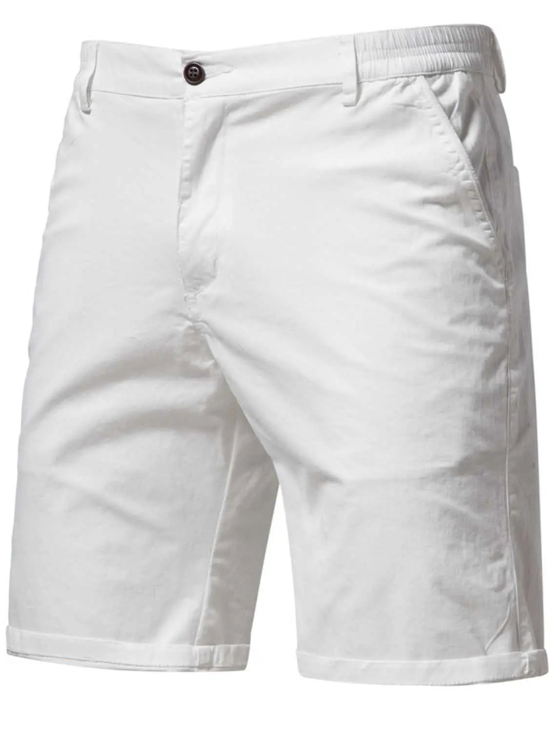 Men's elastic waist shorts with pockets, 100% cotton, white color.