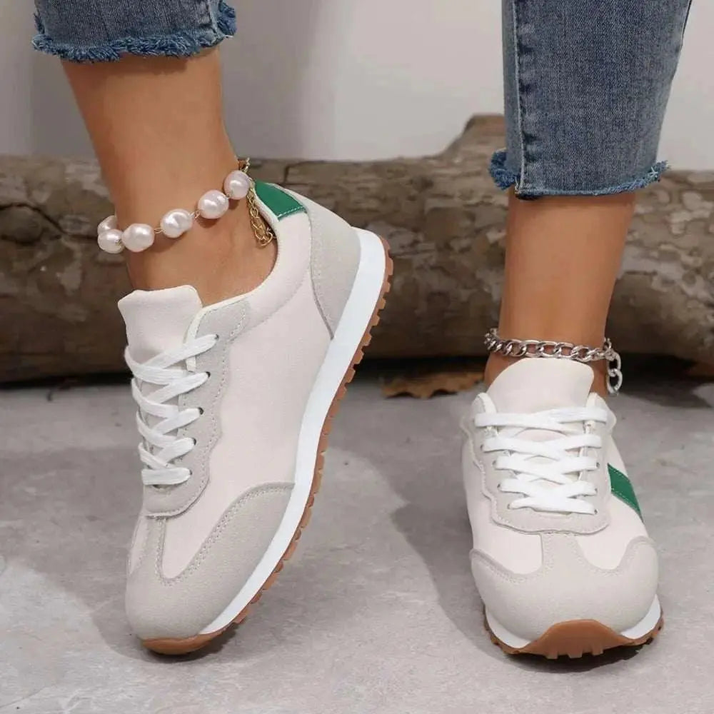 PU leather contrast round toe flats sneakers with rubber sole.