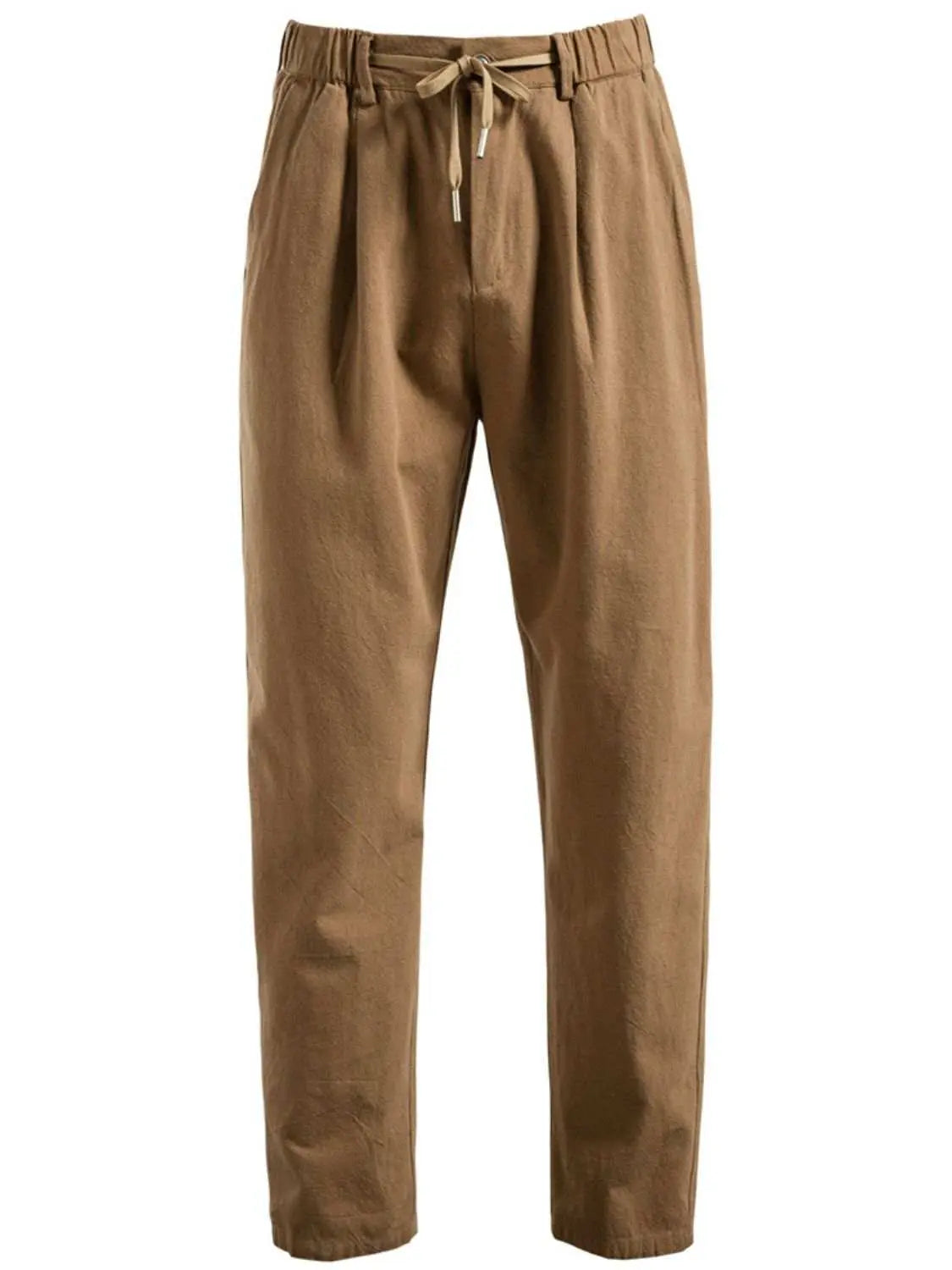 Men's drawstring straight pants in brown with pockets.