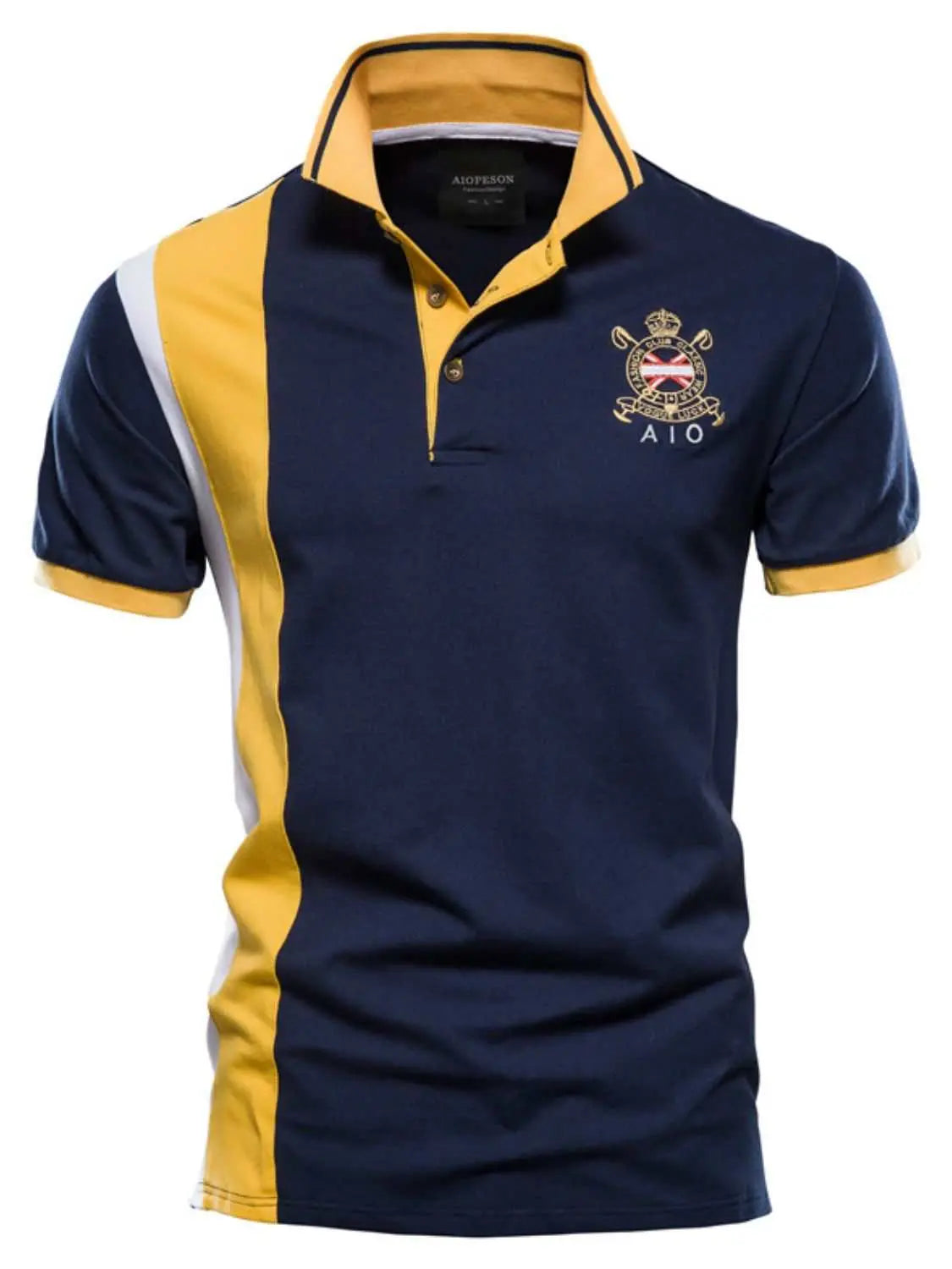 Men's embroidered collared neck striped contrast polo shirt in navy and yellow, 100% cotton.