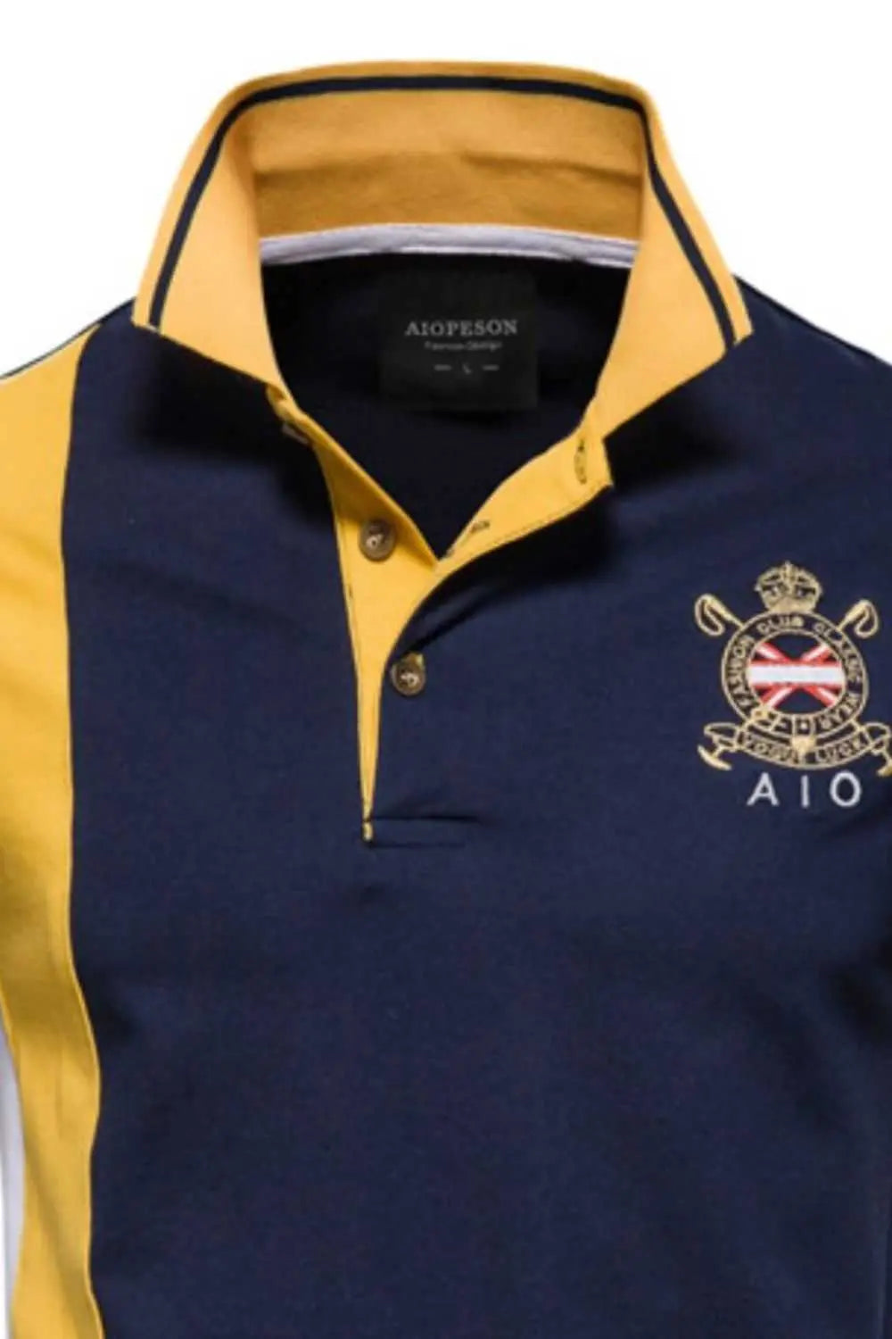 Men's embroidered collared neck striped contrast polo shirt in navy and yellow.