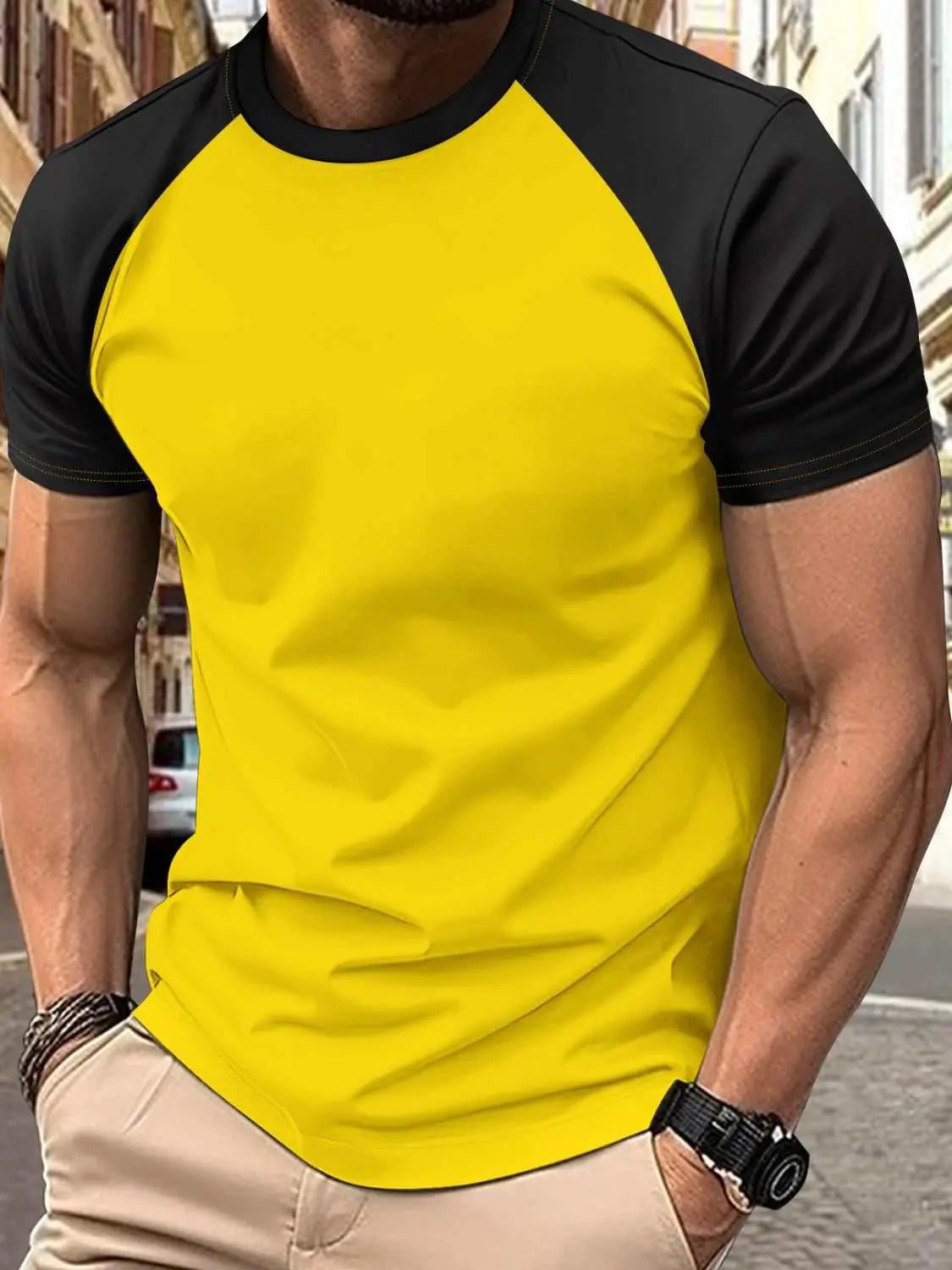 Men's full-size round neck contrast T-shirt, slightly stretchy, polyester-cotton blend.