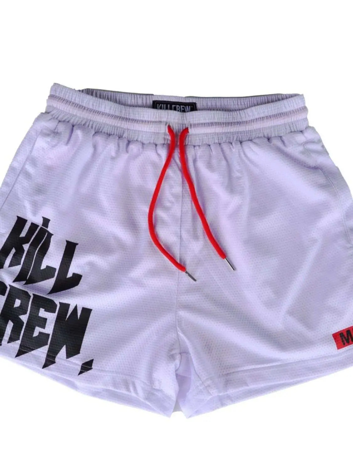 Men's plus size drawstring active shorts in white with red drawstring and black text design.