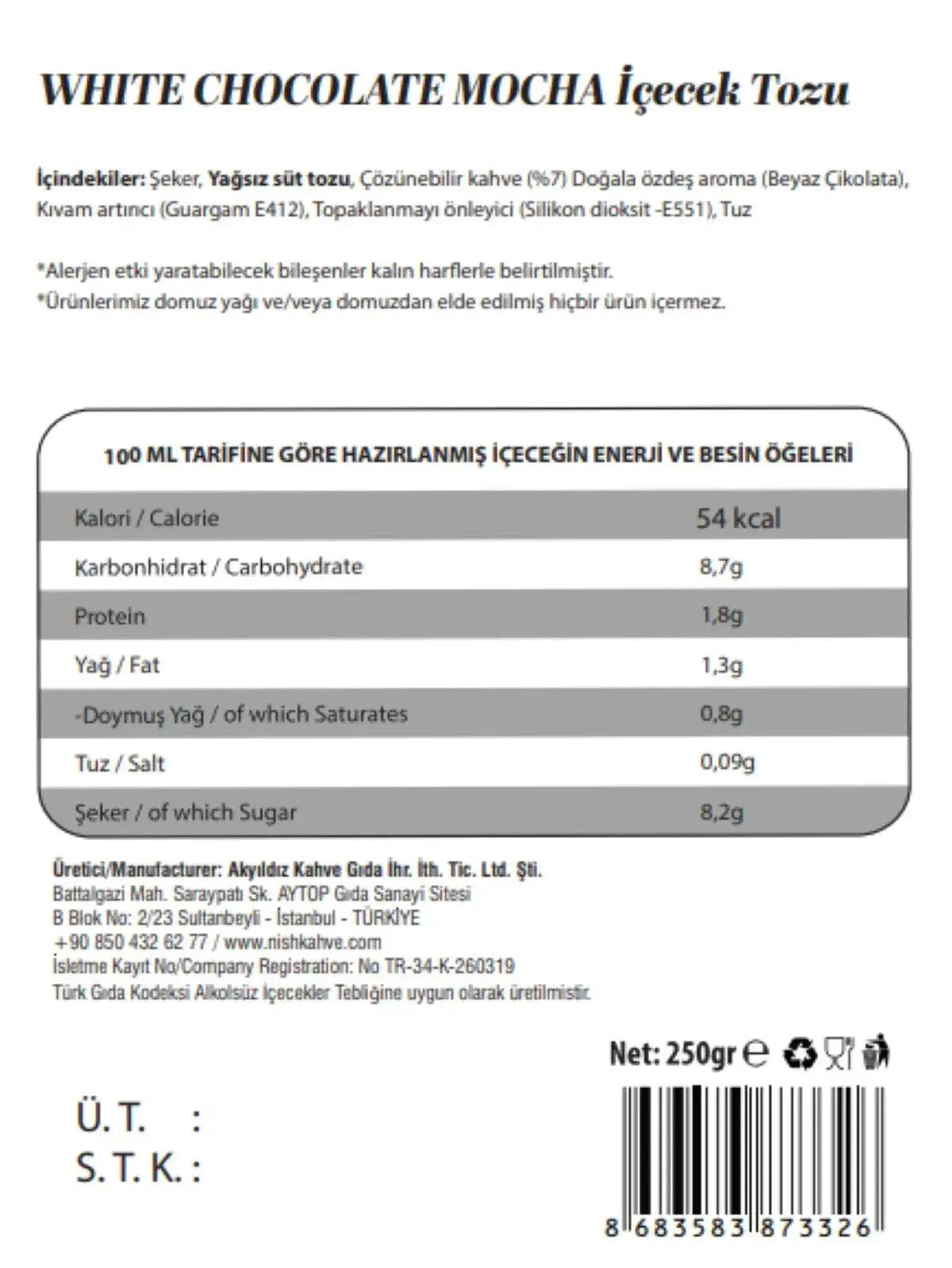 White Chocolate Mocha Beverage Powder 250g Packaging with Nutritional Information.