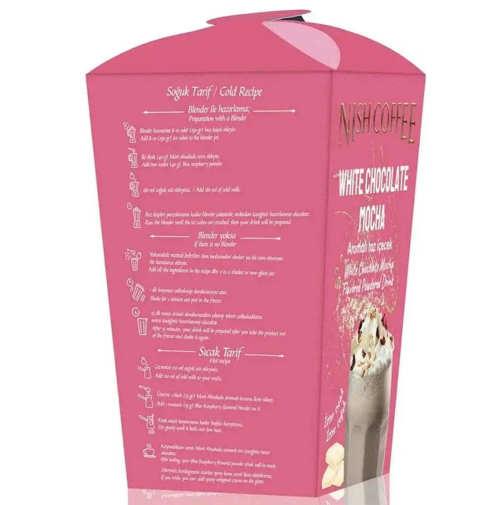 Nish White Chocolate Mocha beverage powder 250g package with creamy indulgence imagery.