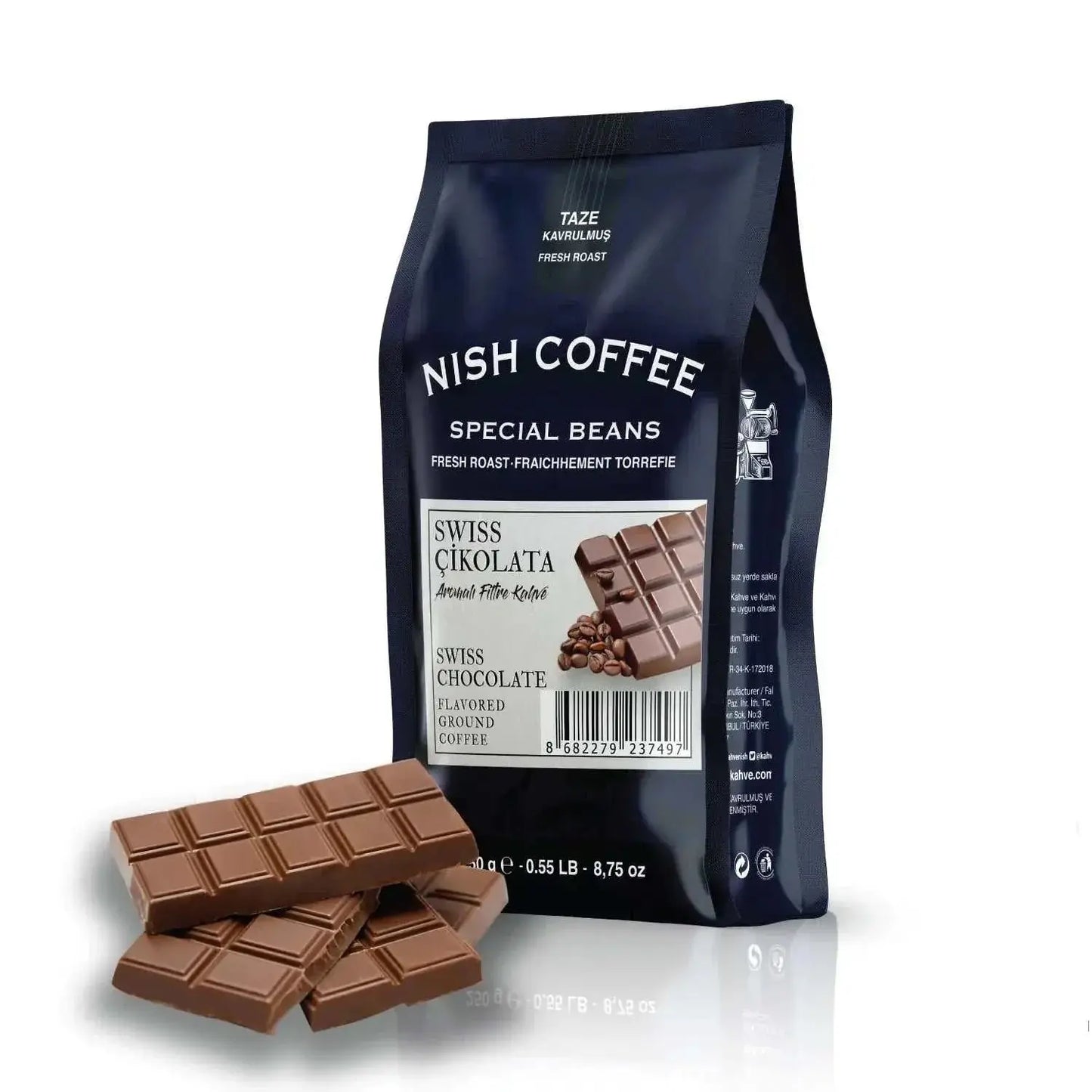 Nish Swiss Chocolate Flavored Filter Coffee, 250g bag with chocolate pieces, premium Arabica blend.