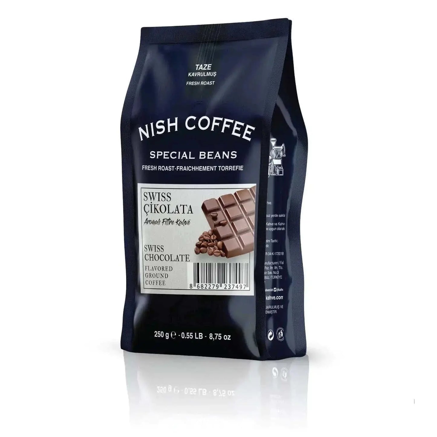 Nish Swiss Chocolate Flavored Filter Coffee 250g package with Swiss chocolate aroma.
