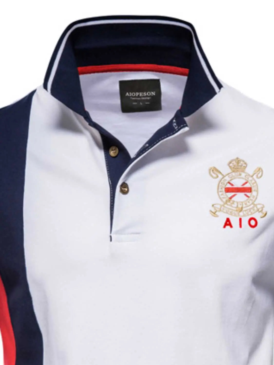 Men's embroidered collared neck striped contrast polo with crest design.