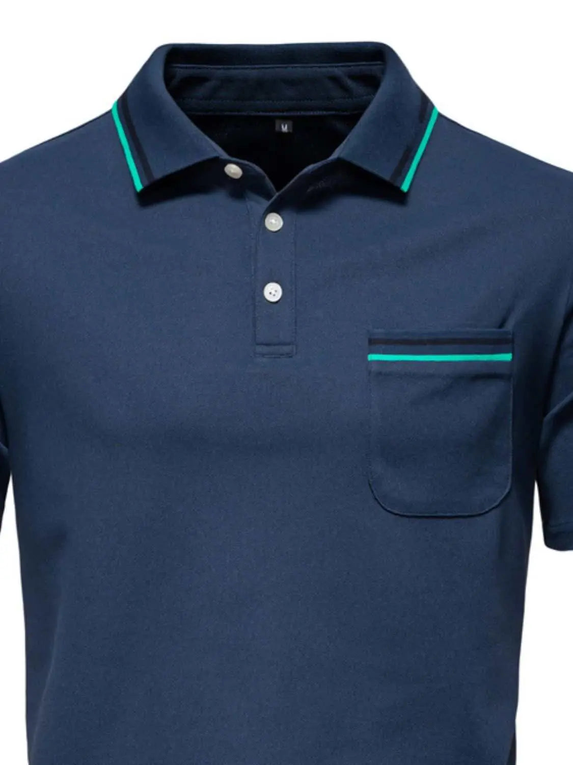 Men's short sleeve collared neck striped polo with pocket.