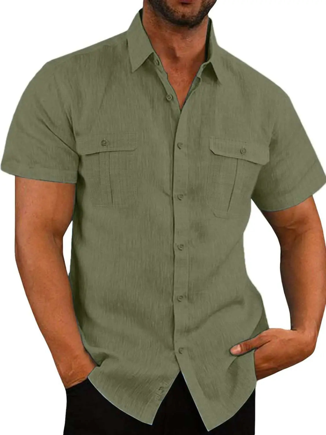 Men's plus size collared neck short sleeve shirt in green with pockets and buttoned front.