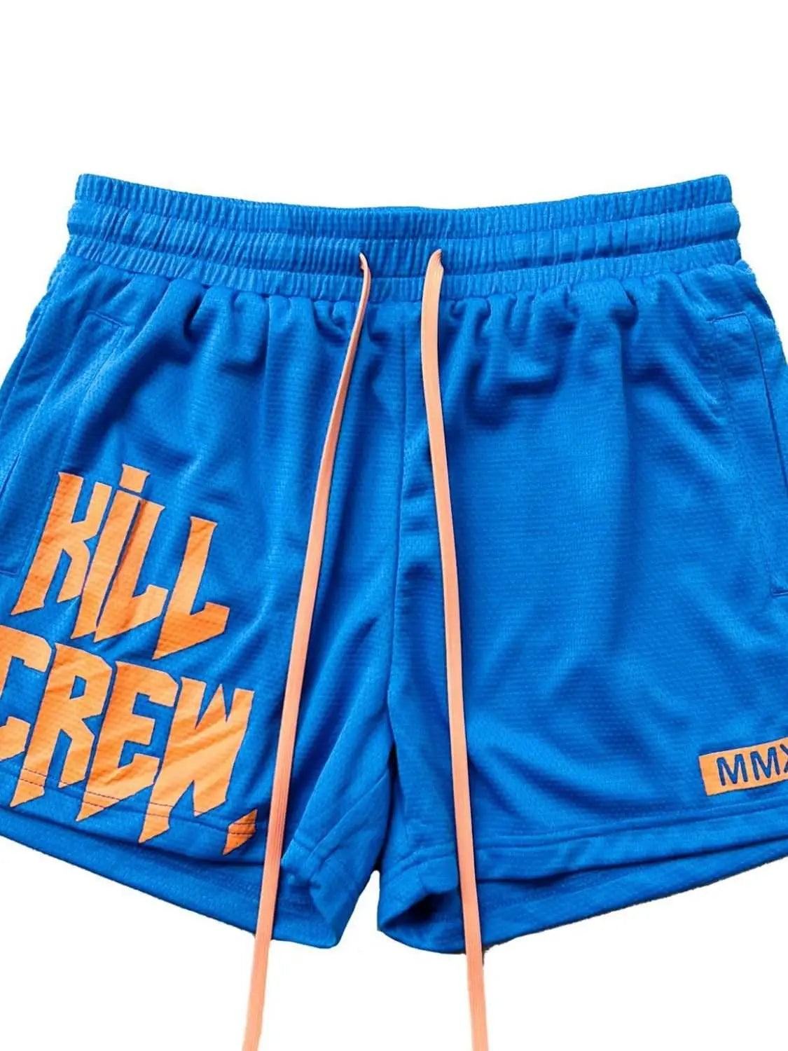 Men's plus size blue drawstring active shorts with orange lettering.