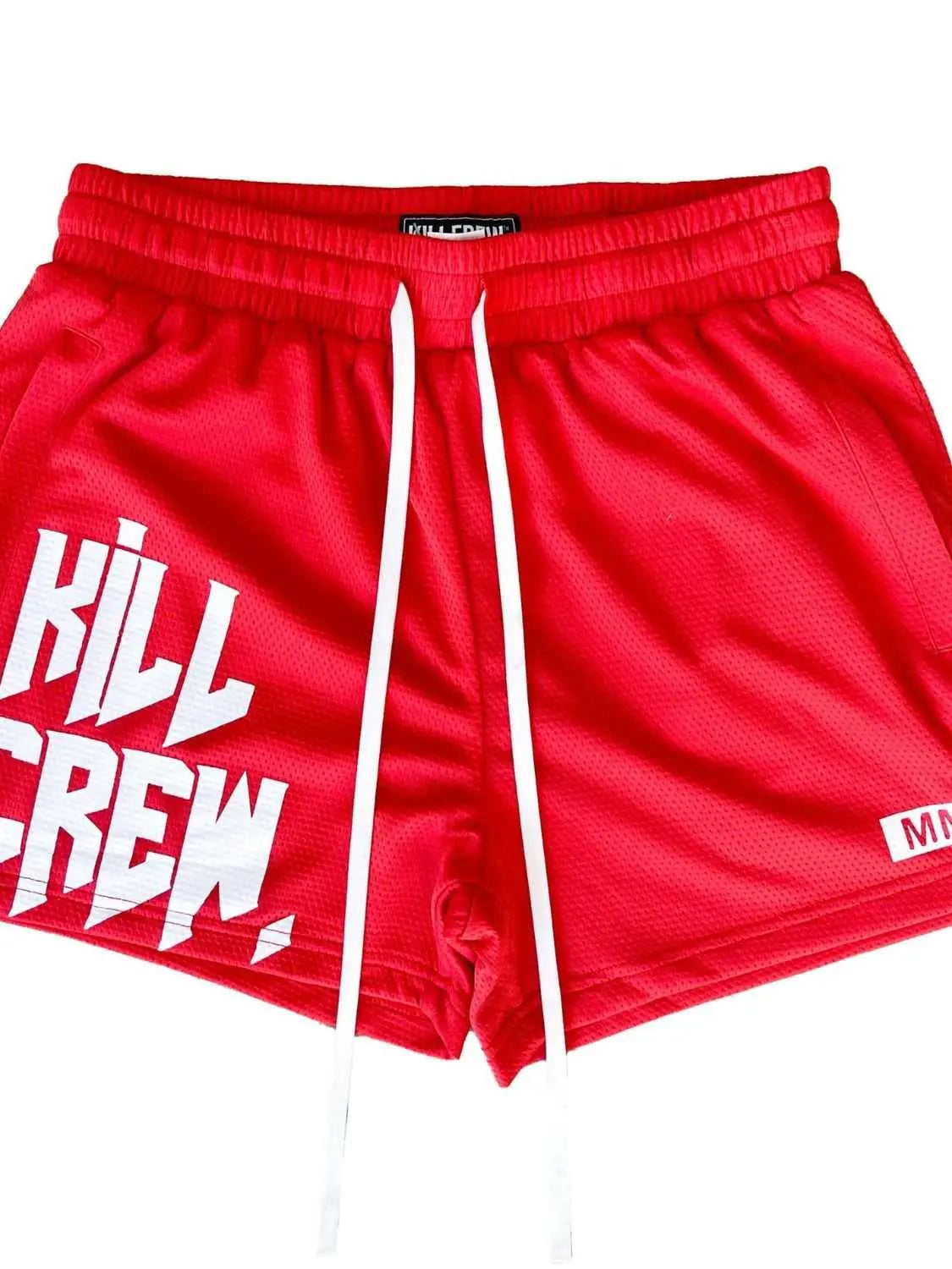 Men's plus size red drawstring active shorts with graphic text, made of polyester and spandex for moderate stretch.