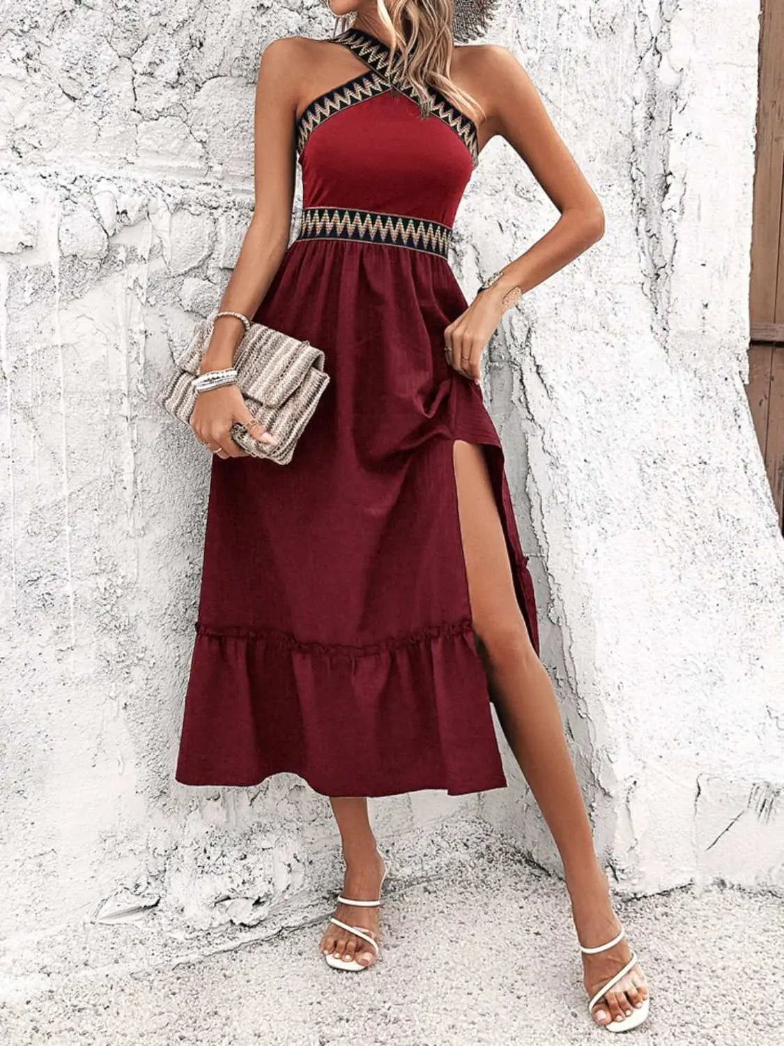 Devine ruffled slit sleeveless midi dress in wine red, featuring ruffled detail and high slit.