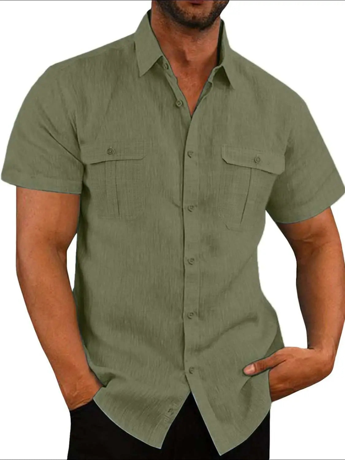 Men's plus size short sleeve collared shirt with pockets, buttoned front, flax and cotton blend, green color.