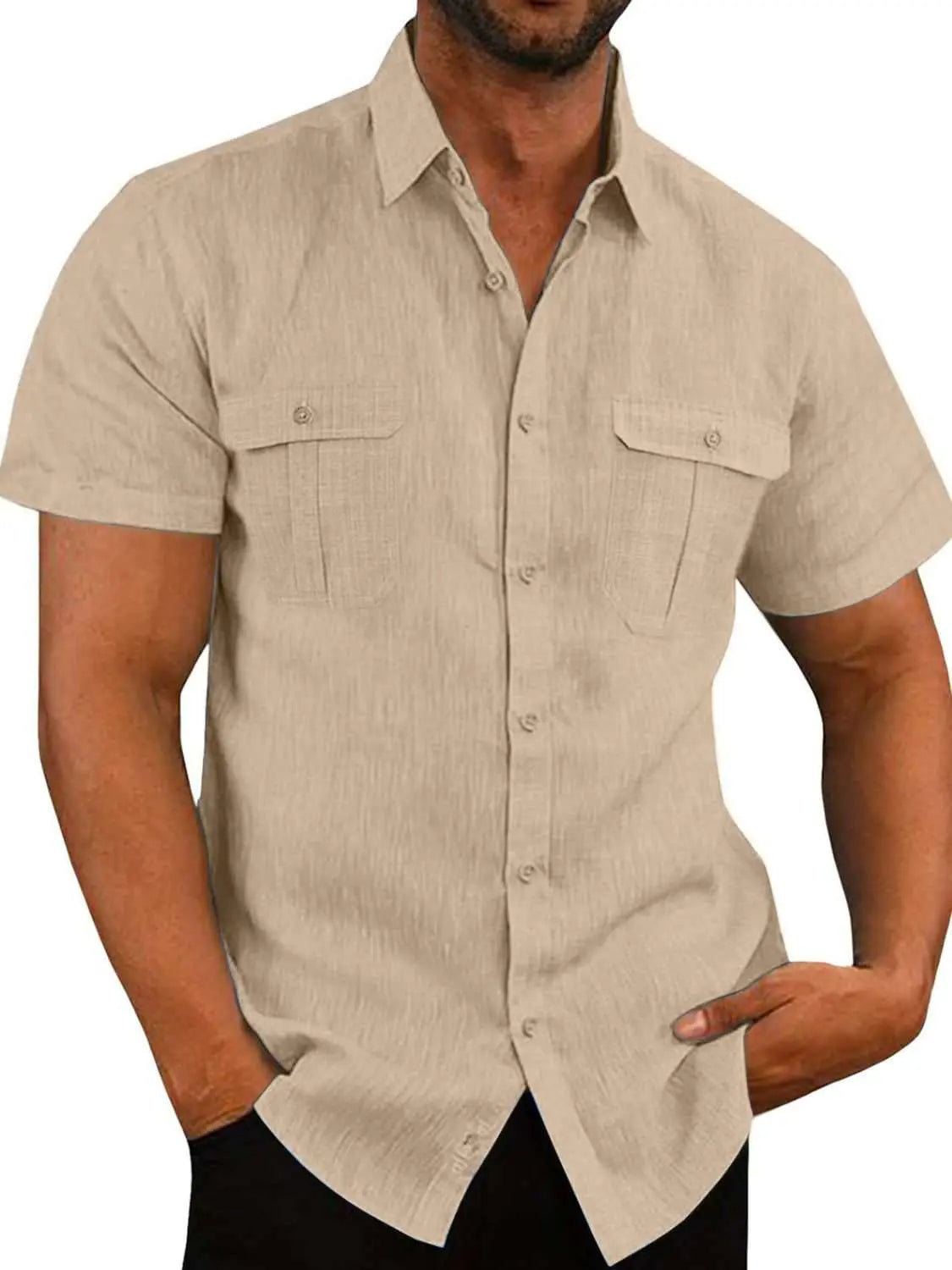 Men's plus size collared neck short sleeve shirt with pockets and buttons, made from flax and cotton blend.