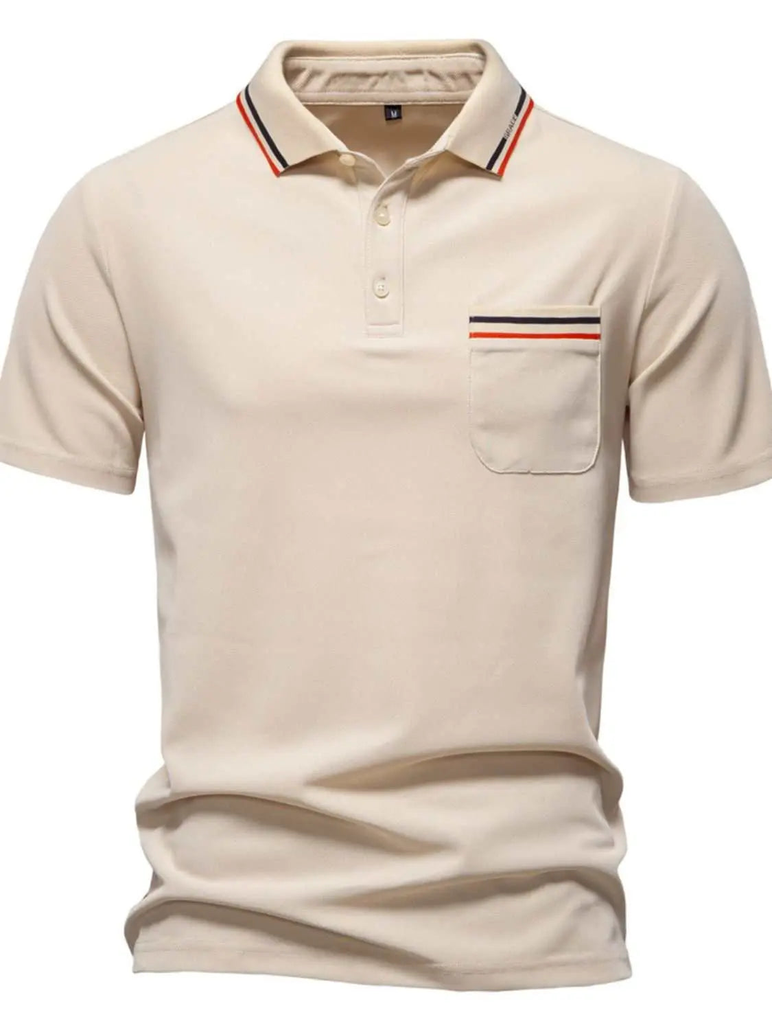 Men's short sleeve collared neck striped polo with pocket, beige color, 100% polyester.
