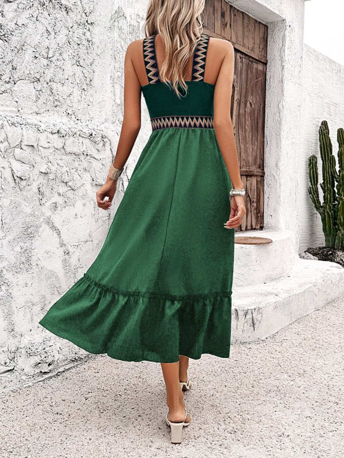 Devine Ruffled Slit Sleeveless Midi Dress in green with ruffled hem, featuring a slit and sleeveless design.