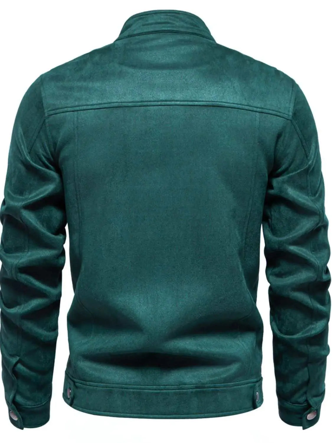 Men's green zip up long sleeve biker jacket made of 100% polyester.