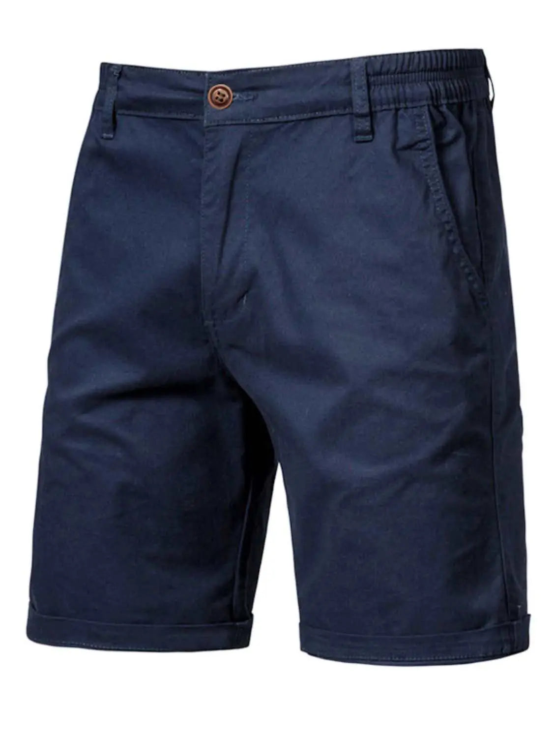 Men's elastic waist shorts with pockets, 100% cotton, navy color.