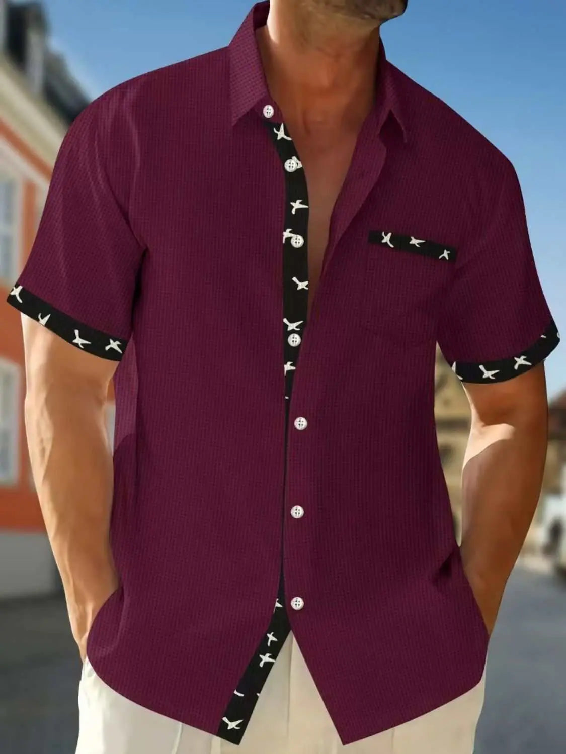 Men's full size contrast trim waffle knit short sleeve shirt in burgundy.