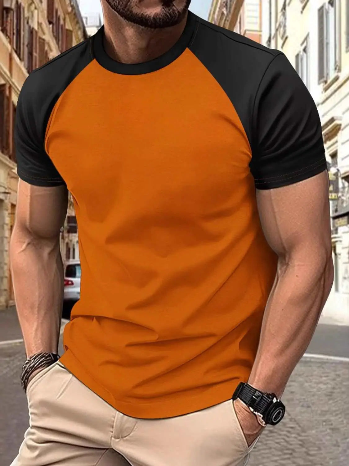 Men's full size round neck contrast t-shirt in orange and black, casual streetwear.