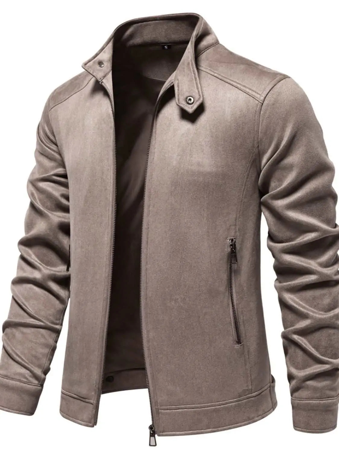 Men's zip up long sleeve biker jacket made of 100% polyester, normal thickness, featuring a basic style design.