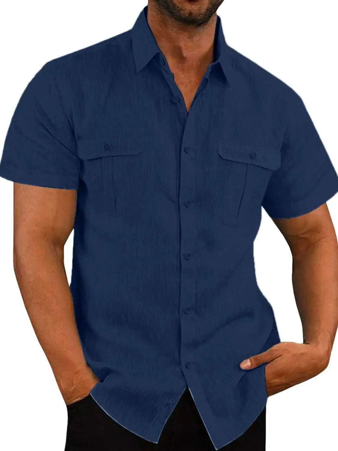 Men's plus size navy short sleeve collared shirt with buttons and front pockets.